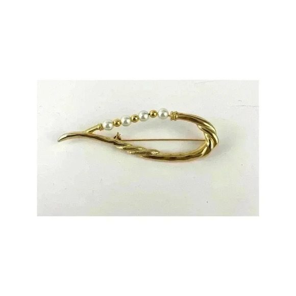 Faux Pearl Bead Brooch Pin Long Twisted Design VTG Gold Tone Metal - Picture 6 of 8